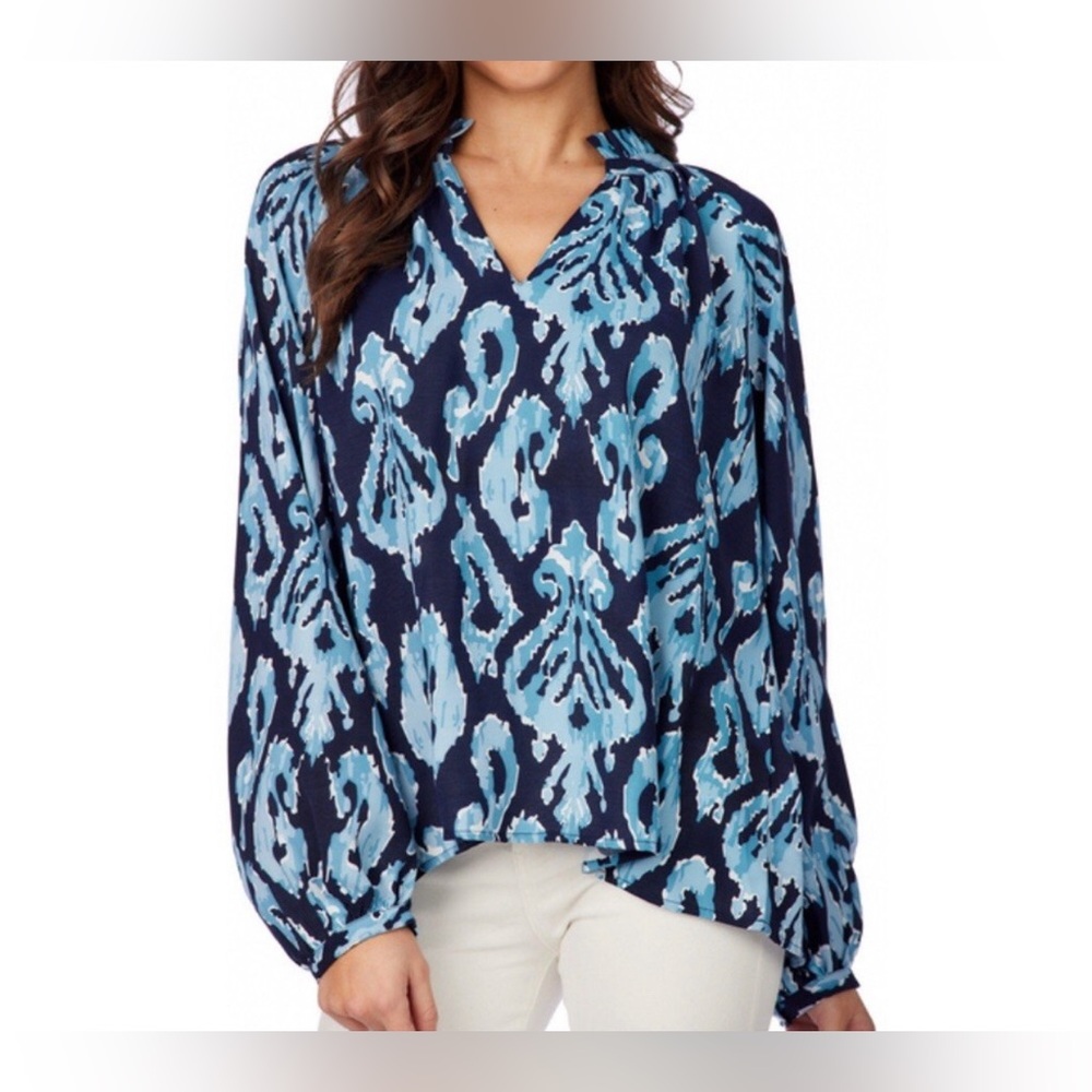 NWT Mudpie Womens Large Warren Blouse Navy Print Balloon Sleeve Peasant Vacation